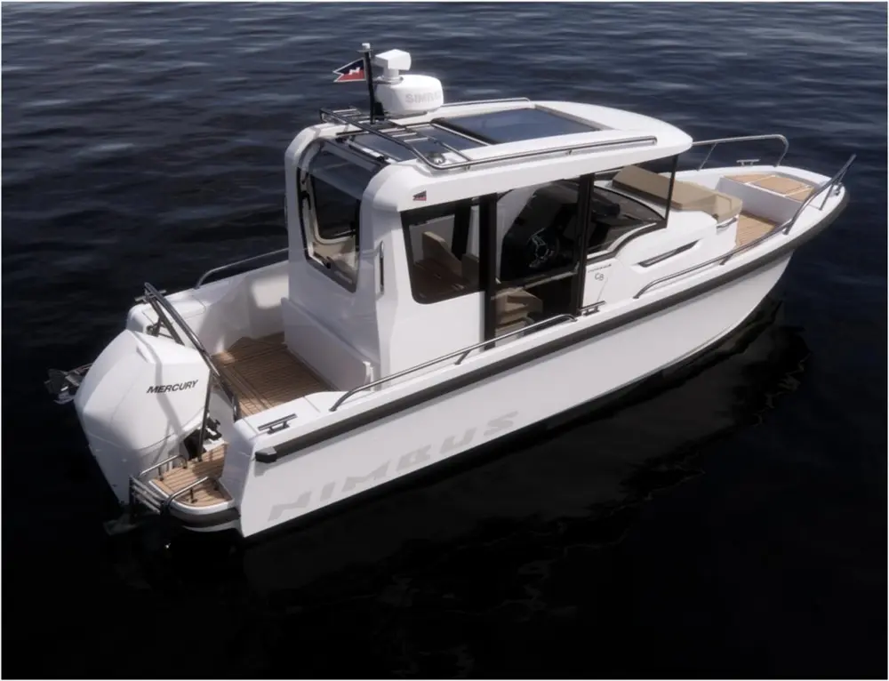 A Nimbus boat with a Mercury engine, featuring a spacious interior and a steering console, floating on calm waters.